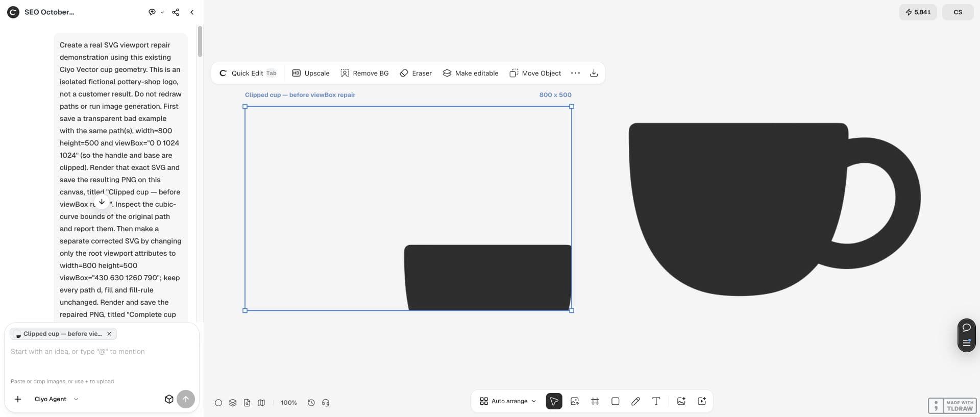 Full Ciyo canvas: The clipped 800×500 preview is selected beside the repaired cup; the input brief asks Ciyo to preserve the existing geometry.