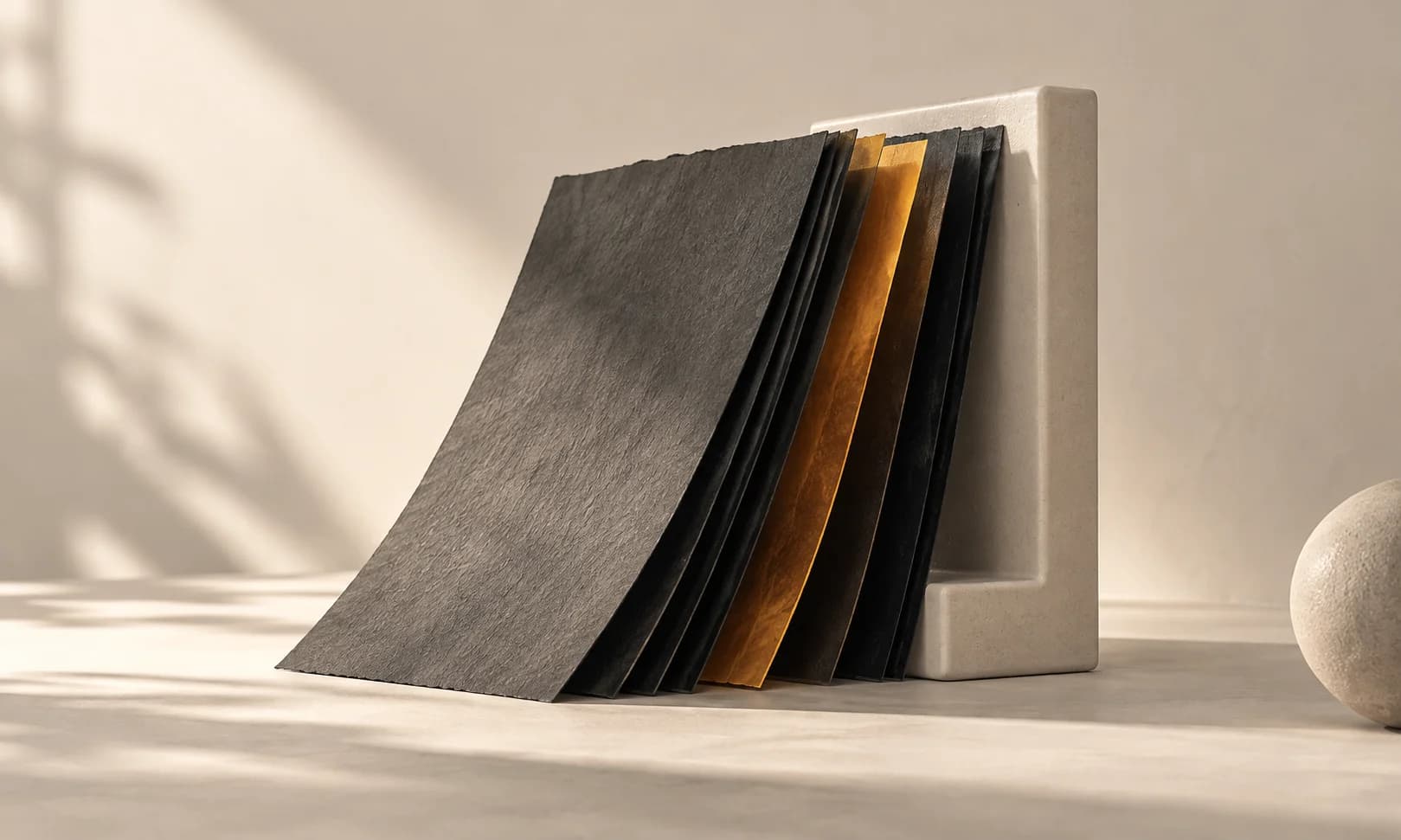 A stack of thin charcoal paper sheets aligned against an ivory ceramic right-angle support, one warm amber sheet in the stack, exact edges and tactile detail