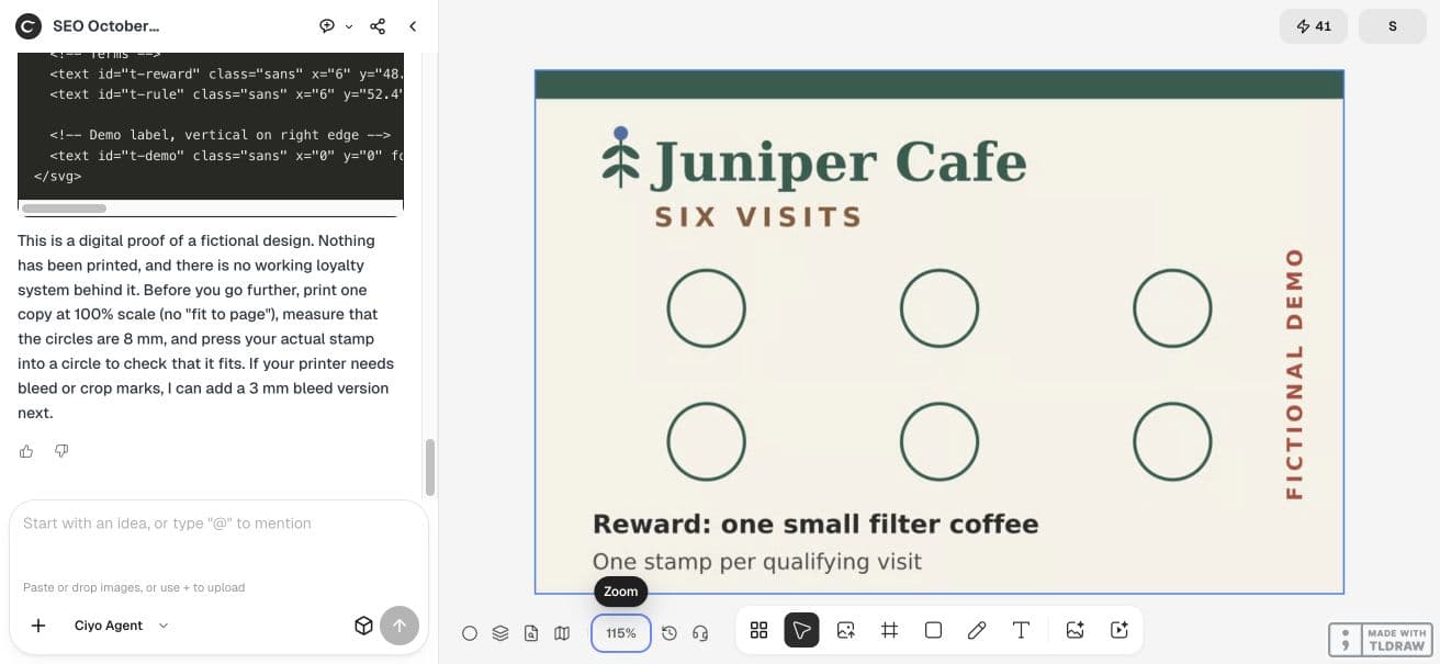 Full Ciyo canvas with the fictional six-stamp loyalty card