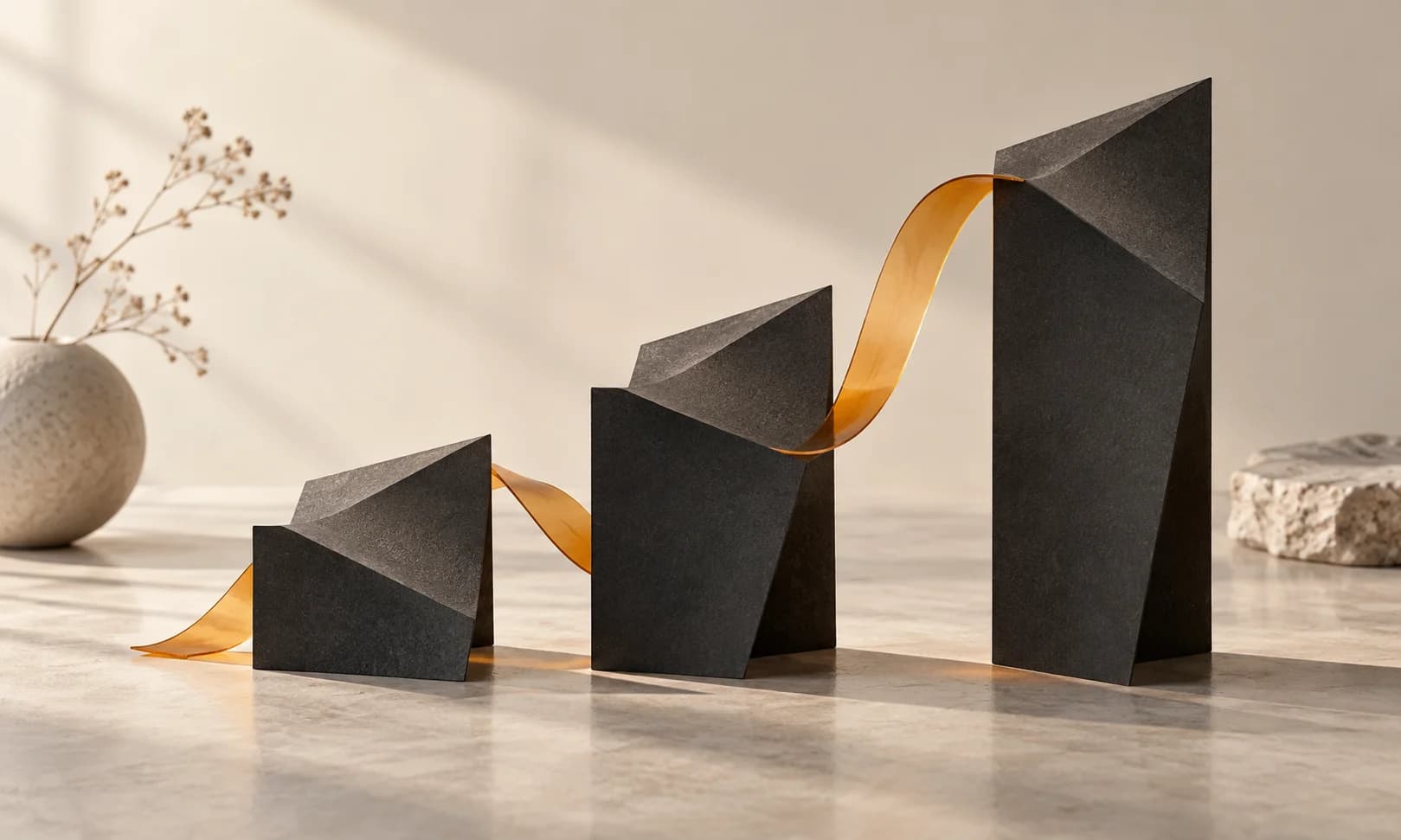 Three freestanding matte charcoal folded-paper slabs stepping upward, with one thin amber ribbon threading between them, suggesting paced words without any letters
