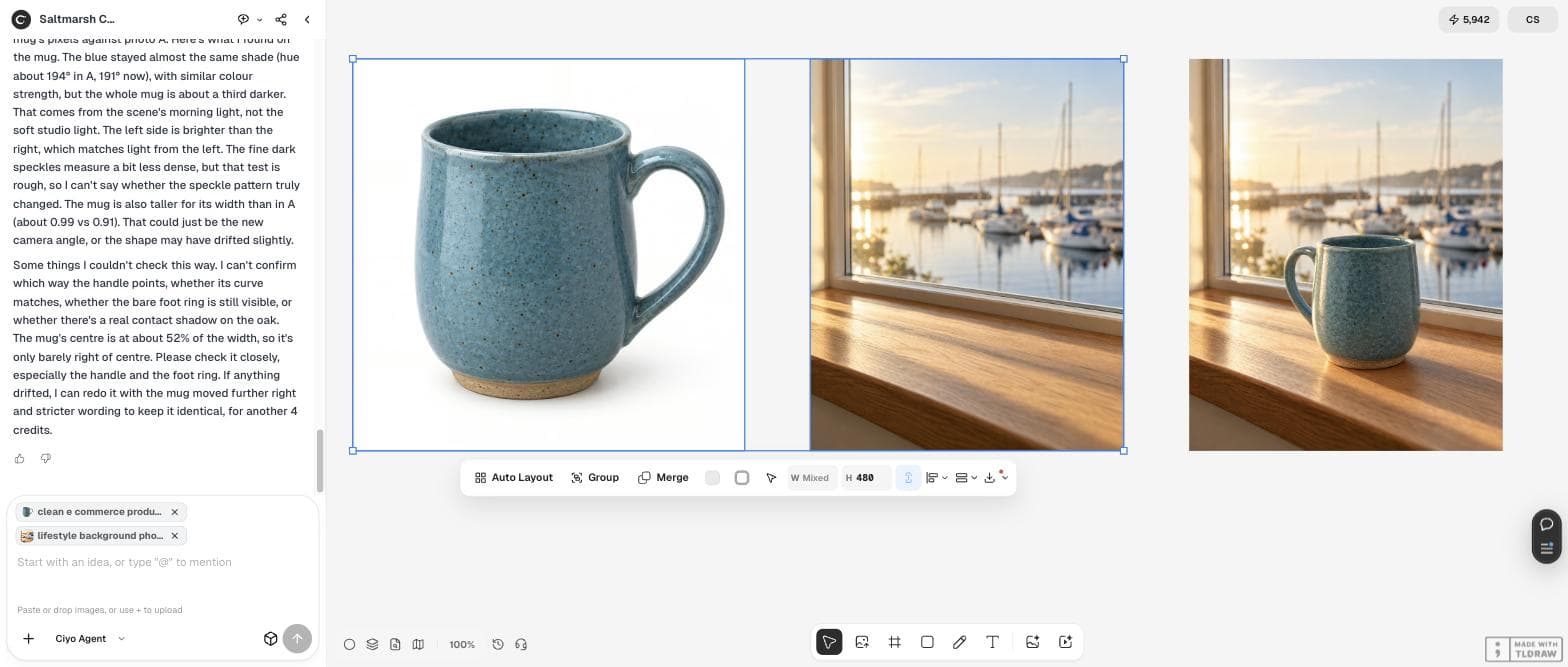 The Ciyo board with the product photo, the empty windowsill and the combined picture in which the mug is straighter with its handle on the left, and the agent's measurements in the chat