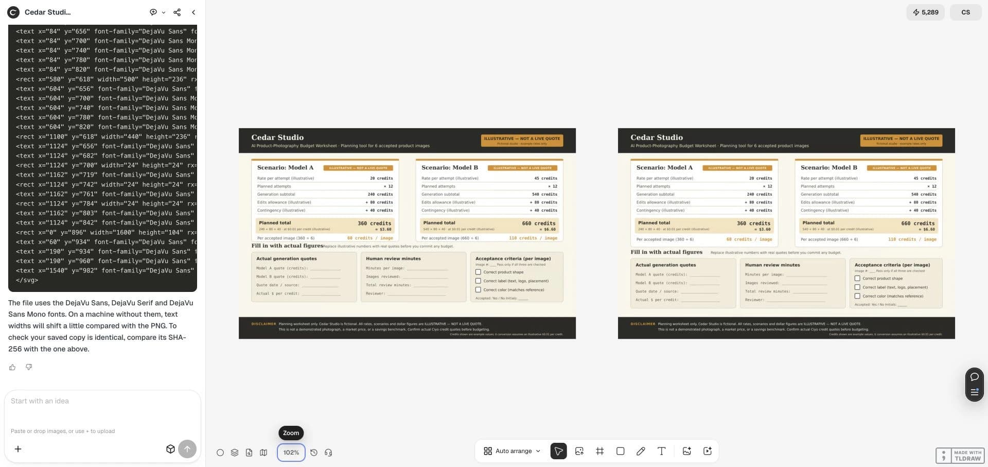 The live photo-budget worksheet and its corrected proof. All rates and scenarios are illustrative.