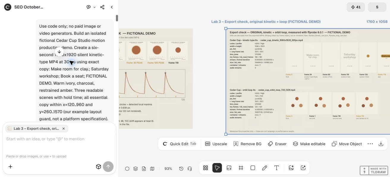 Full Ciyo product viewport showing the original Cedar Cup Studio code-motion brief in the agent conversation