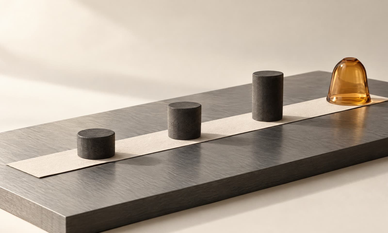 A long ivory paper strip across a brushed graphite plate with three charcoal cylinders of different heights along it and an amber glass bell at the end
