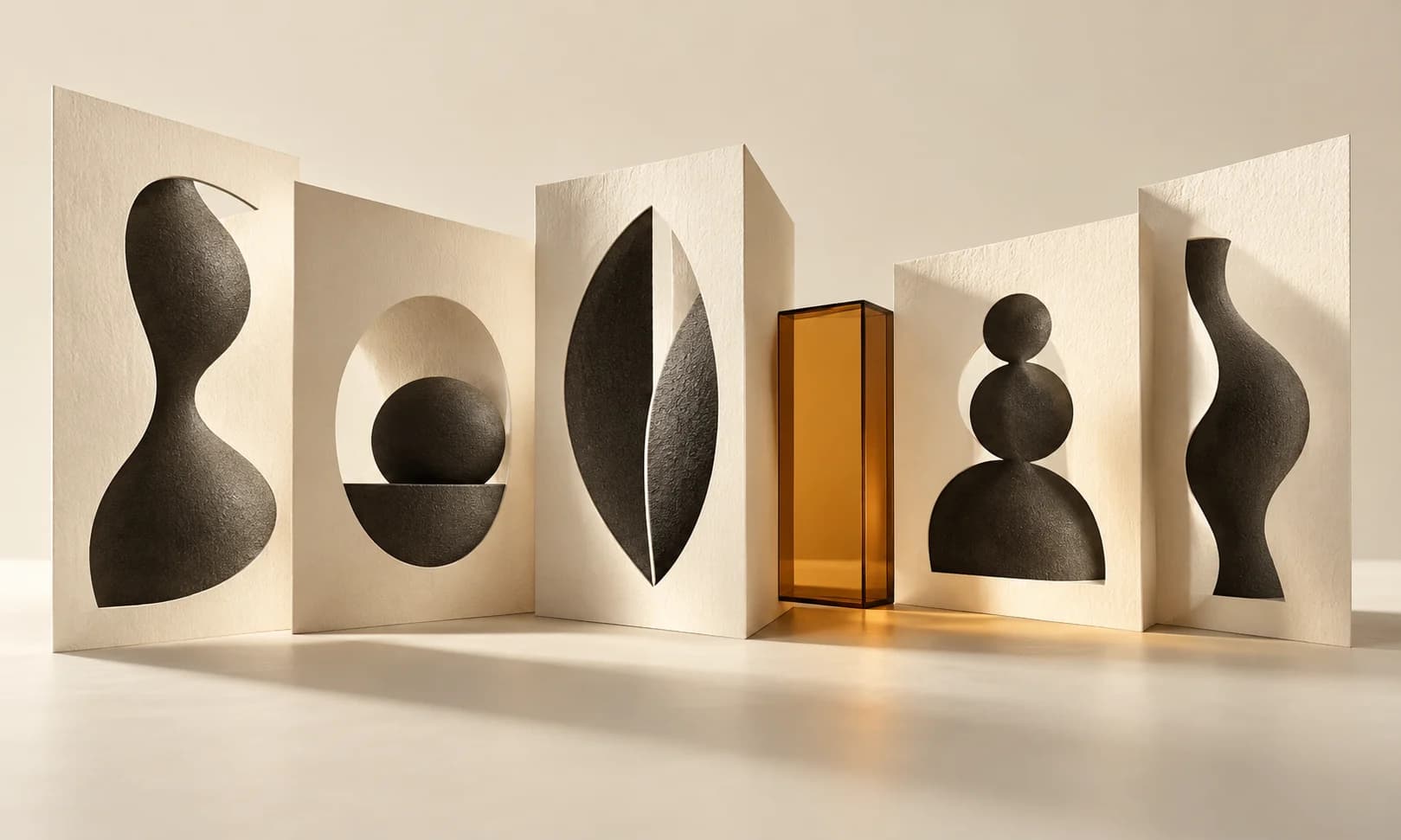 Layered ivory paper spreads with restrained charcoal and amber geometric accents