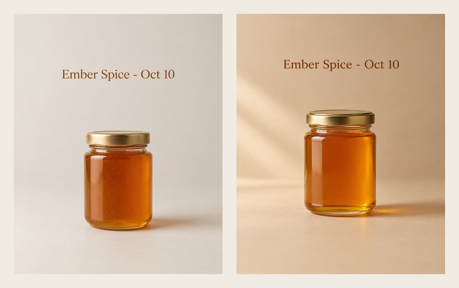 صورتان بنسبة 4:5 لبرطمان عسل بلا ملصق تحت عبارة Ember Spice - Oct 10: خلفية محايدة شاحبة على اليسار وخلفية دافئة مشمسة على اليمين