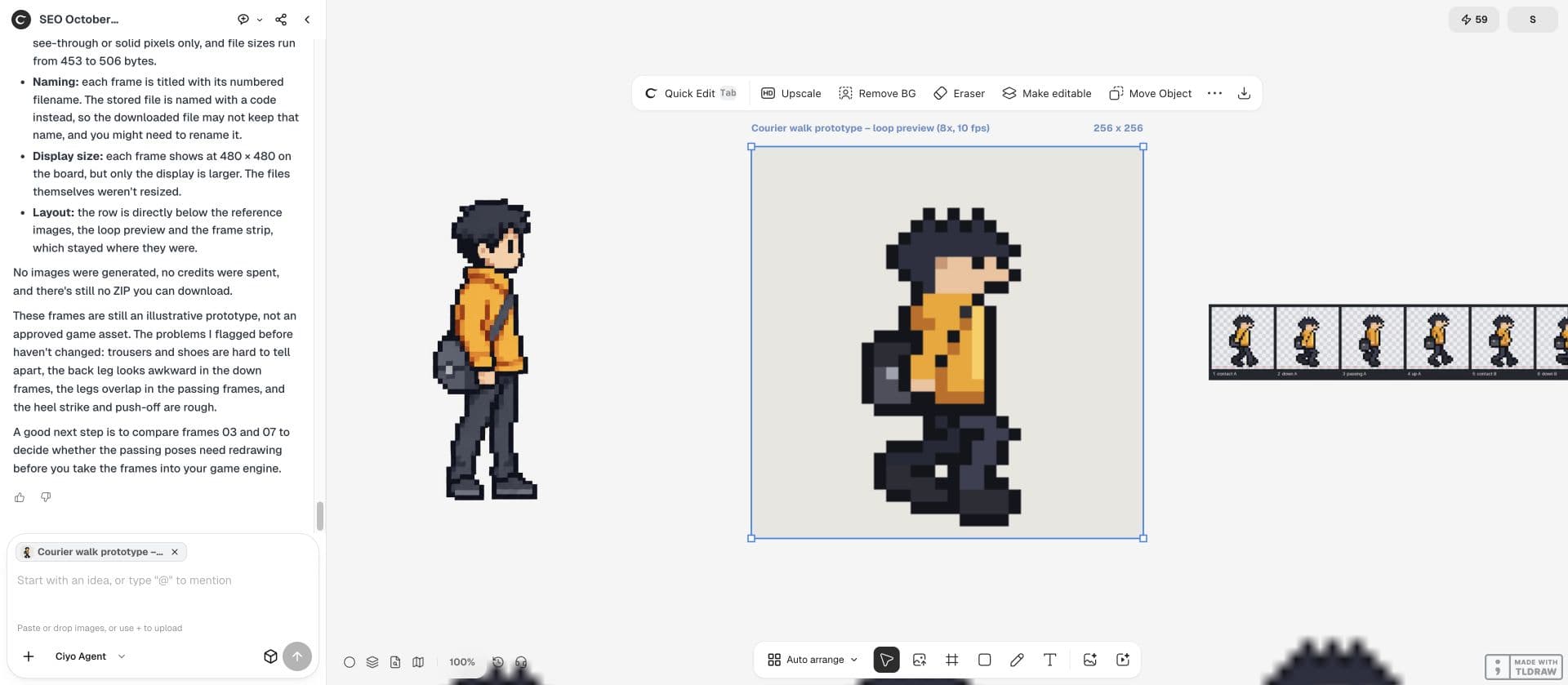 Full Ciyo canvas: The workspace produces eight real transparent 32 × 32 PNGs using 12 colours, a numbered strip and a 10 fps GIF. The passing poses and foot contact still need review; these are prototype files, not approved game assets.