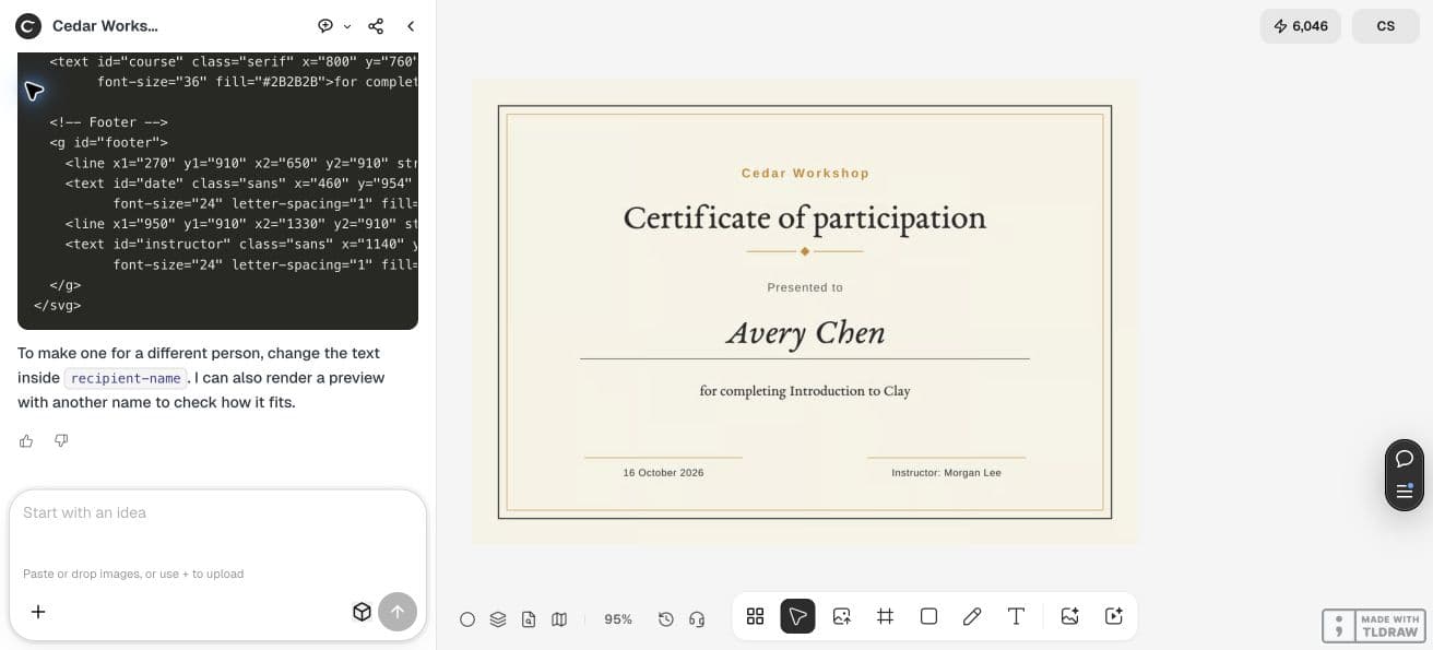 واجهة Ciyo كاملة مع مصدر SVG في المحادثة ومعاينة شهادة Avery Chen الأصلية