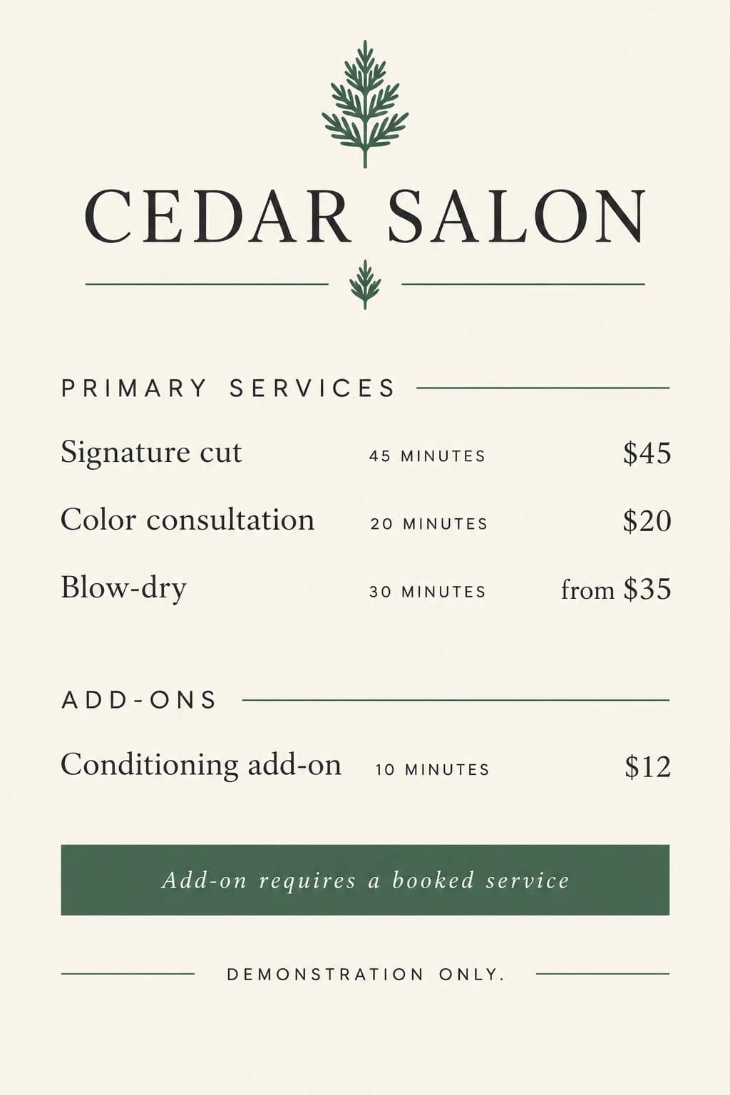 Fictional Cedar Salon rate-card concept with four services