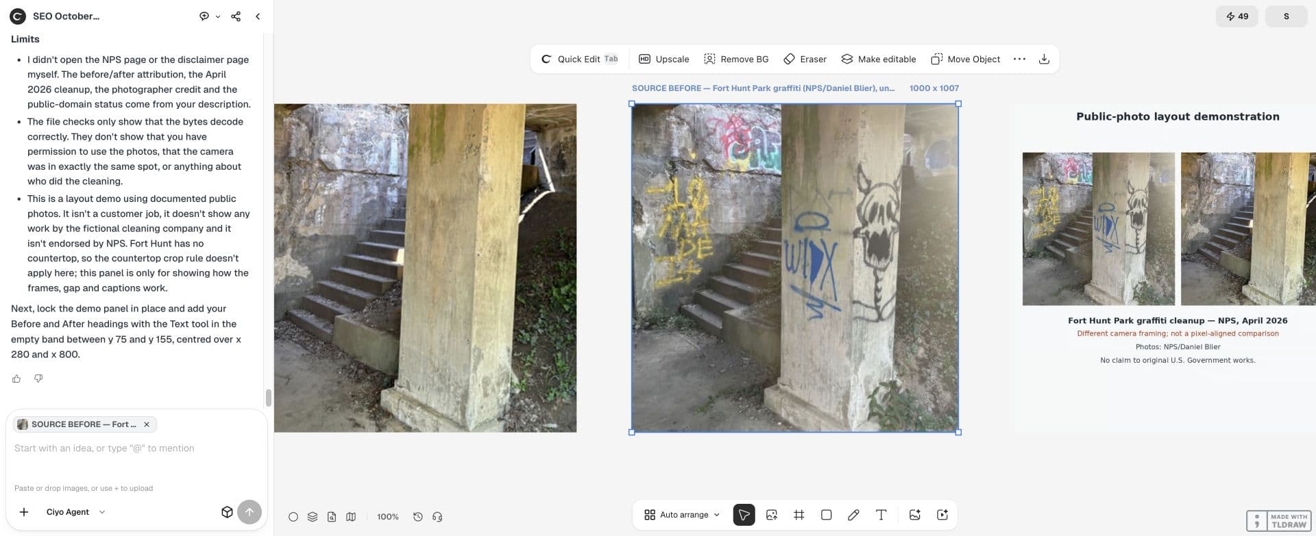 Full Ciyo canvas: Real public NPS before and after photos imported into Ciyo. The source files remain unchanged; the actual framing and lighting differ.