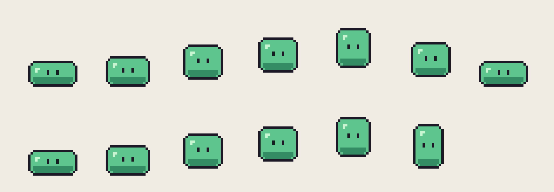 Two rows of green pixel slimes enlarged 8 times: seven frames as in the GIF above, six fixed frames below with a new tall falling pose