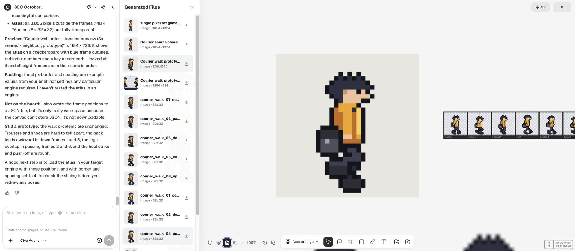 لوحة Ciyo كاملة: تُظهر Generated Files ملفات PNG الثمانية الفعلية بحجم 32 × 32 للساعي. المدخلات هي إطارات المشي الأولية هذه؛ لا توجد إطارات وقوف معتمدة في العرض.