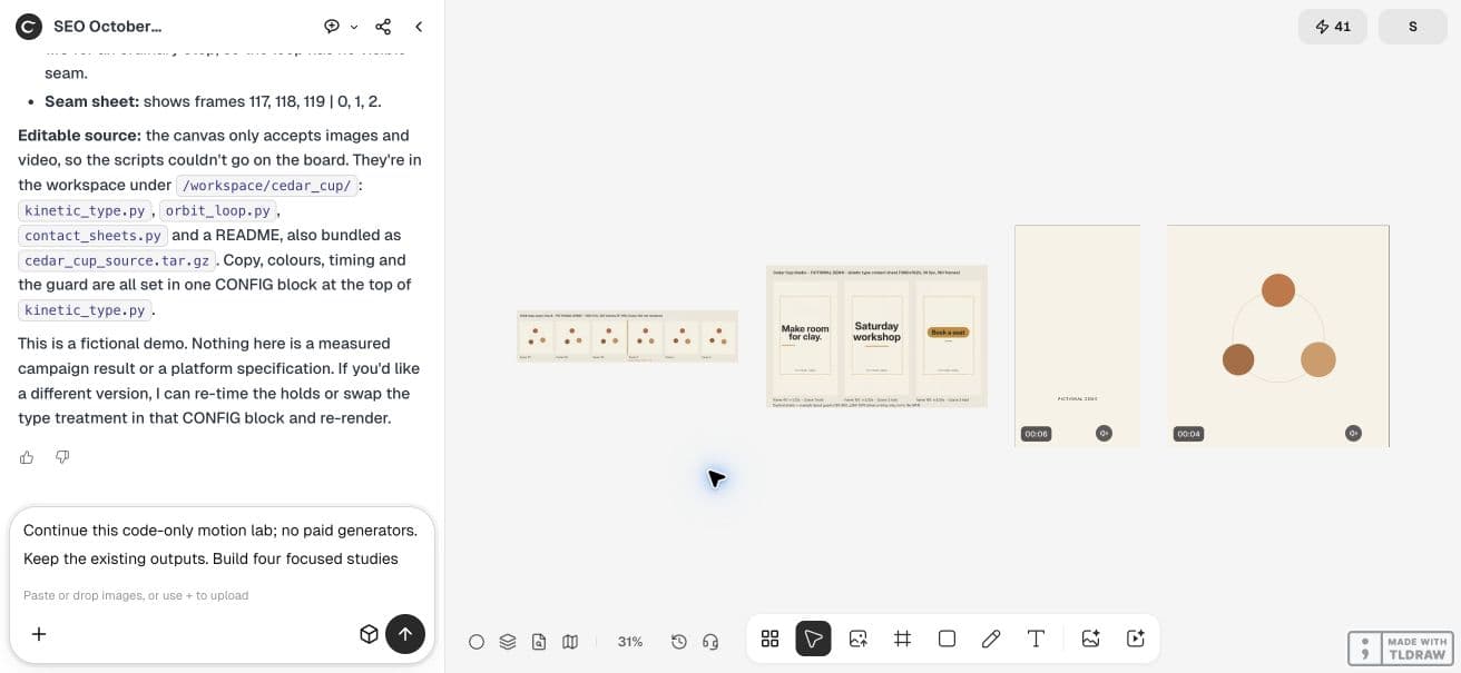 Full Ciyo product viewport with the fictional Cedar Cup Studio motion brief in the agent conversation