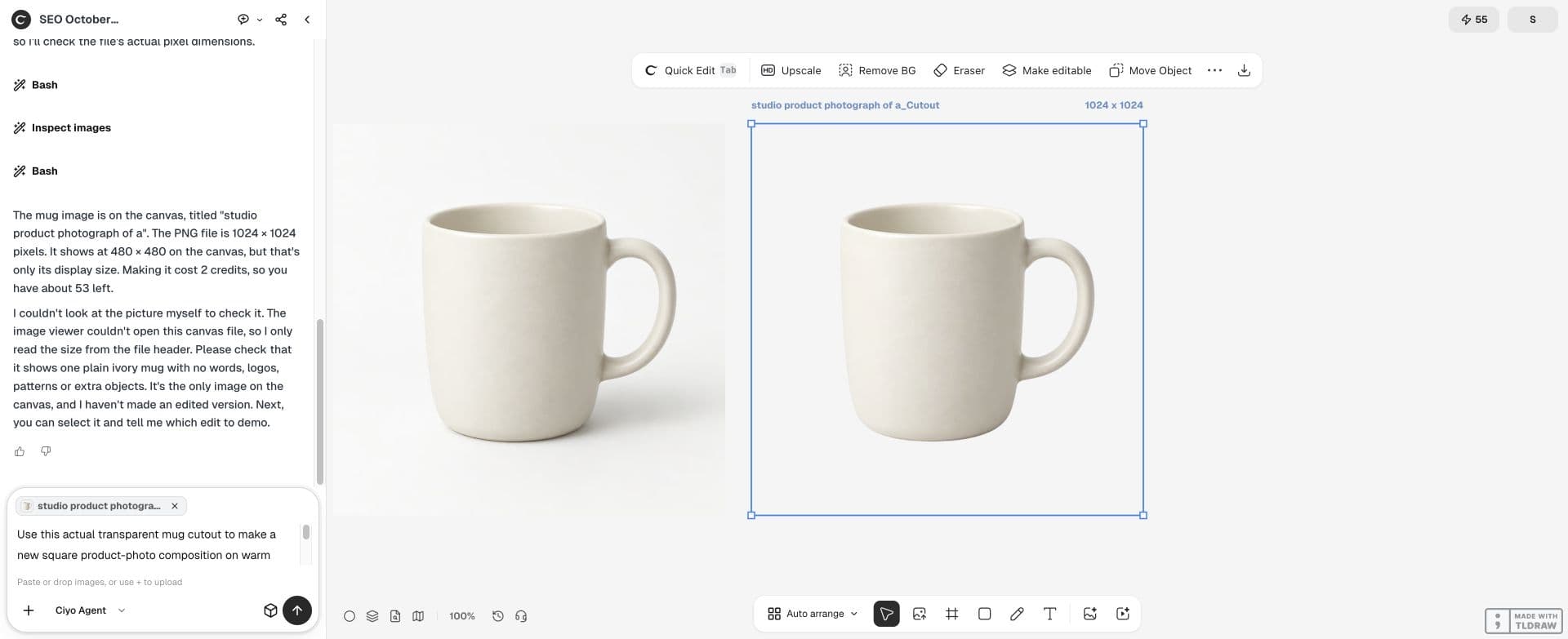 Full Ciyo canvas: Select the actual Remove BG cutout and ask the file workspace to composite it, retaining its pixels and alpha. This step adds shadow layers without generating a replacement mug.