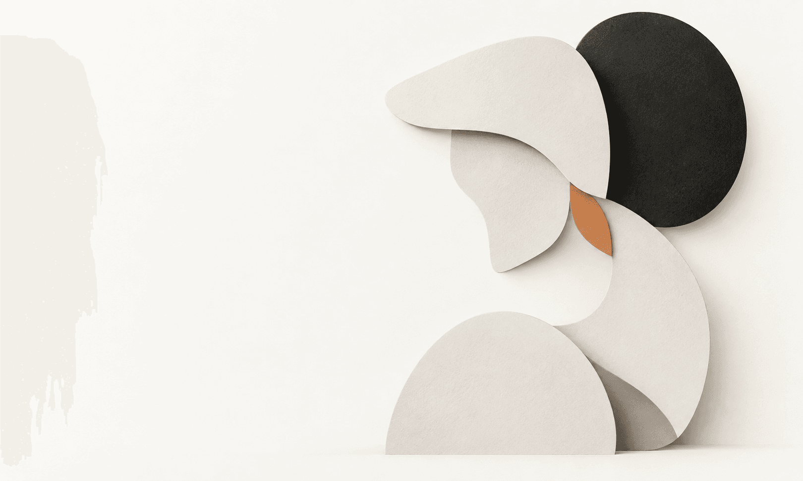 Curved ivory paper shapes suggest a profile beside a charcoal oval and a small apricot accent