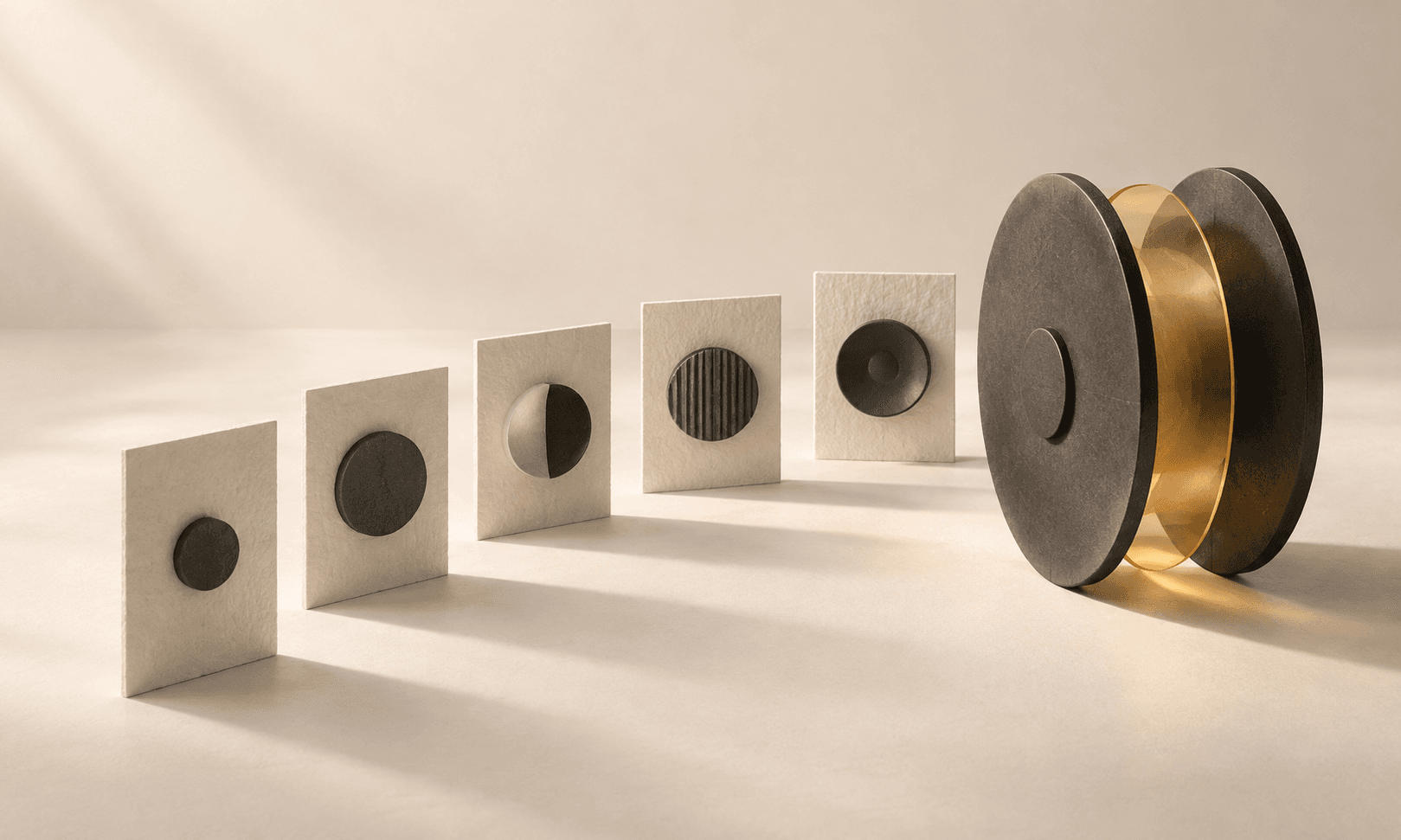 Five ivory picture slabs with charcoal circular reliefs leading toward a graphite twin-disc sculpture with a translucent amber ring
