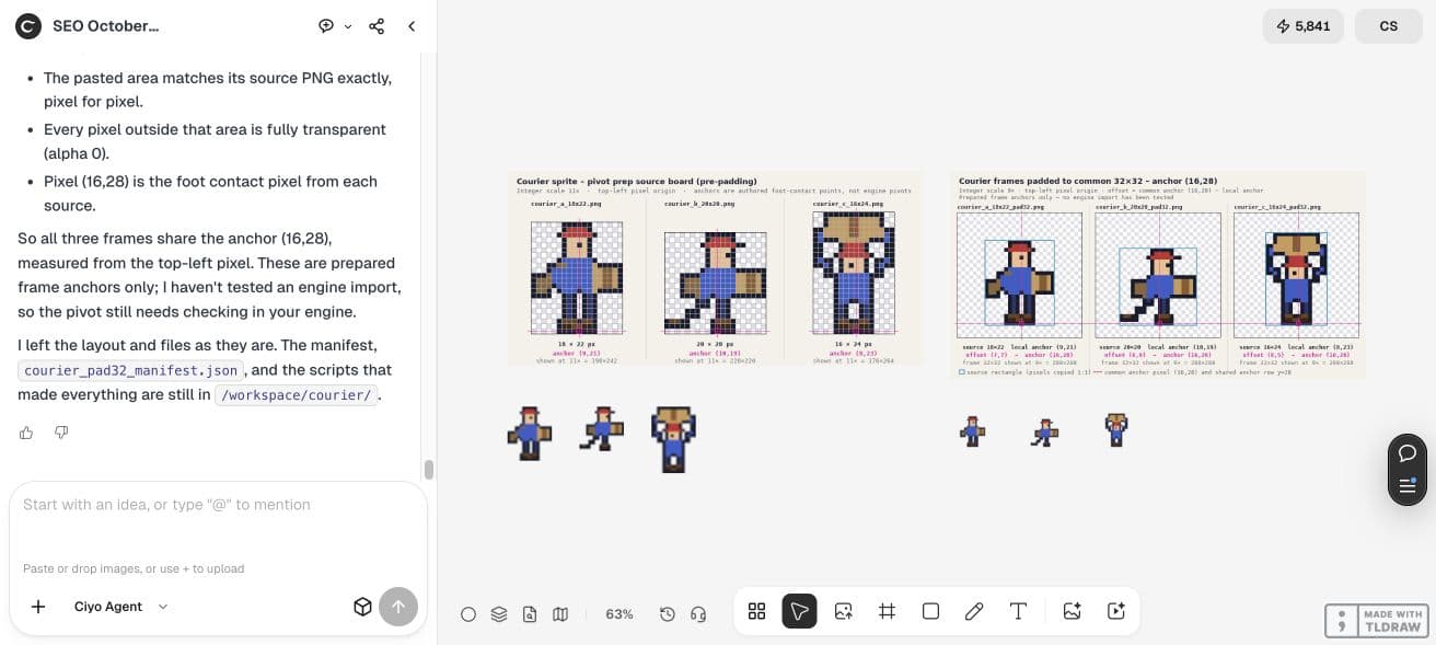 Full Ciyo canvas showing the source and aligned-frame boards with the final pixel-check summary