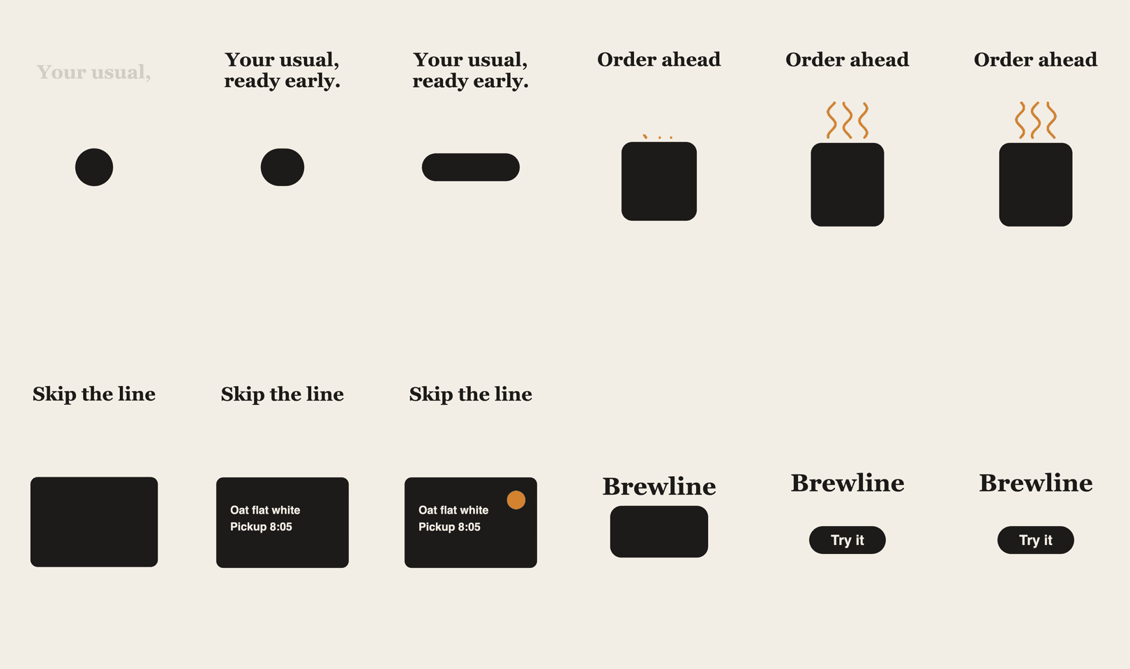 Contact sheet of twelve stills from the fixed Brewline teaser, with the headline clear of the steam, the opening dot stretching into a pill and a larger Try it button
