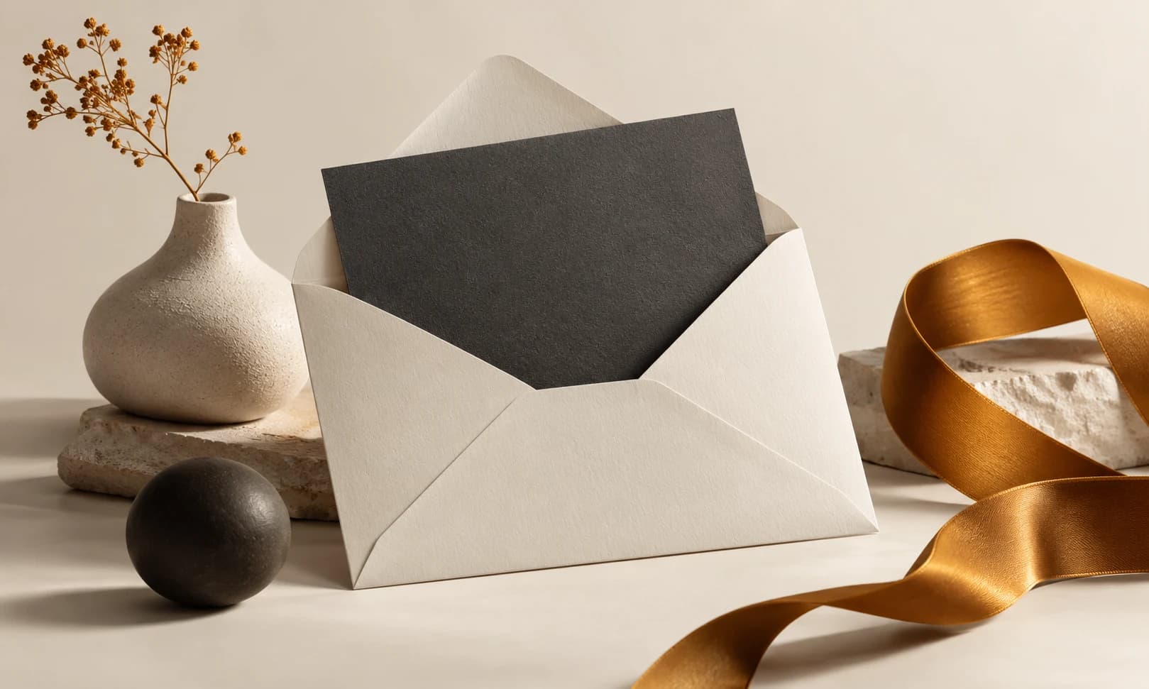 Ivory envelope holding a charcoal card beside a curled amber ribbon