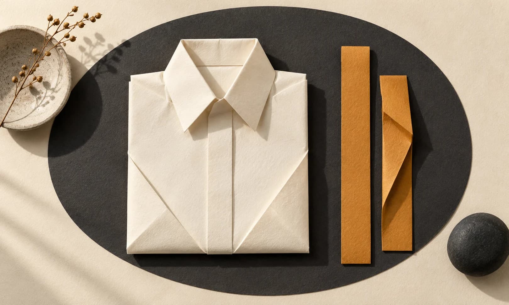 A folded paper shirt lies on a charcoal oval beside two warm amber strips.