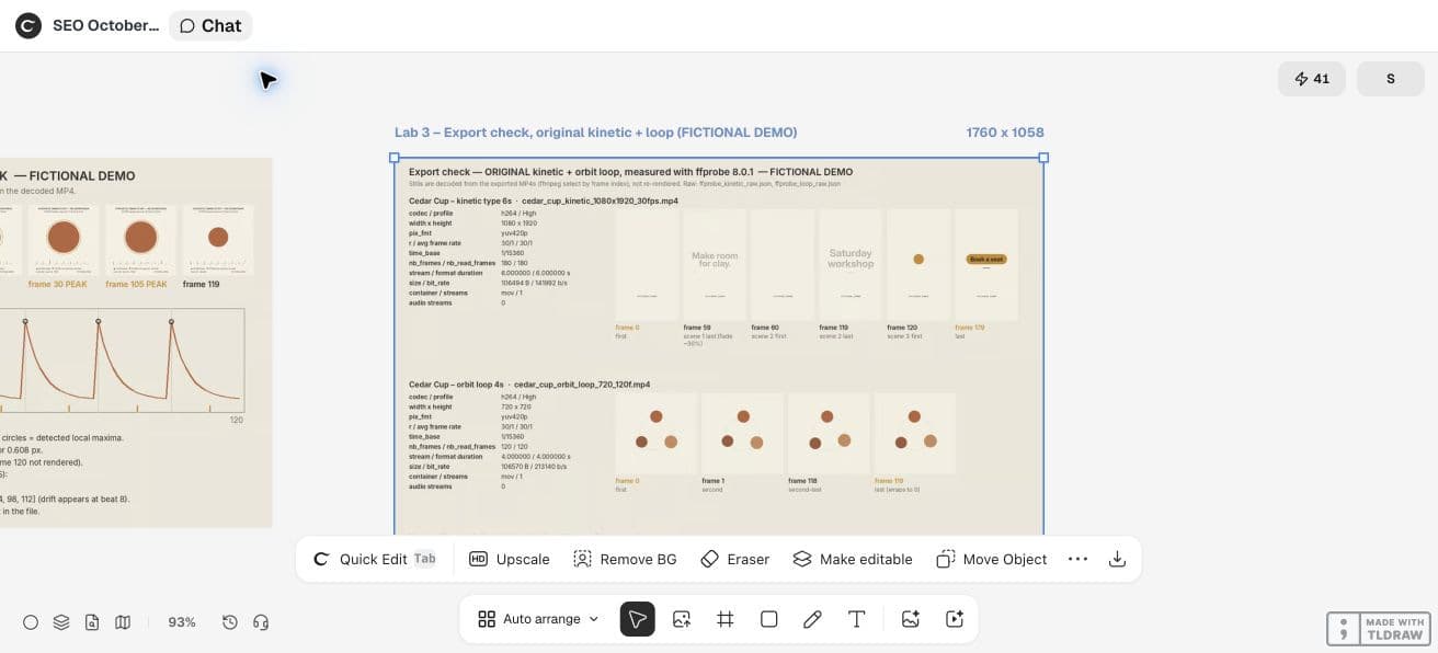 Full Ciyo product viewport showing the actual fictional export motion study and its review sheet