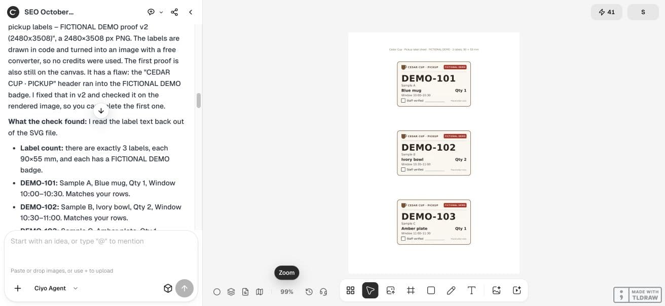 Full Ciyo viewport showing the agent verification step for the pickup example