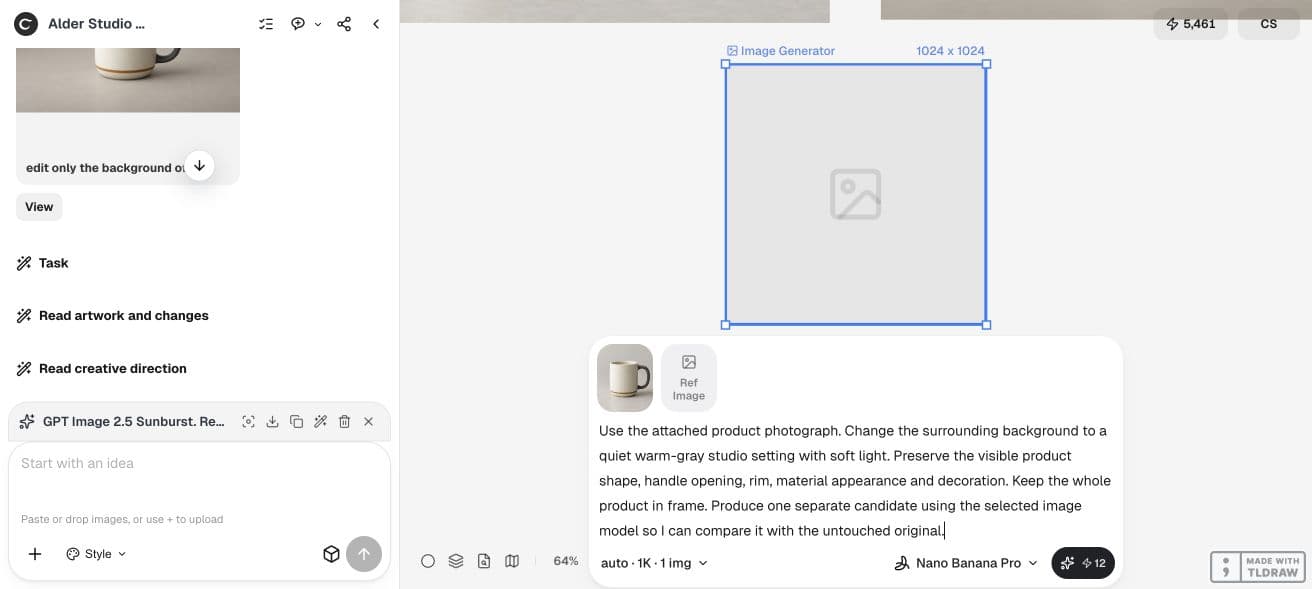 Nano Banana Pro is selected with the original mug attached in Ciyo's Image Generator.
