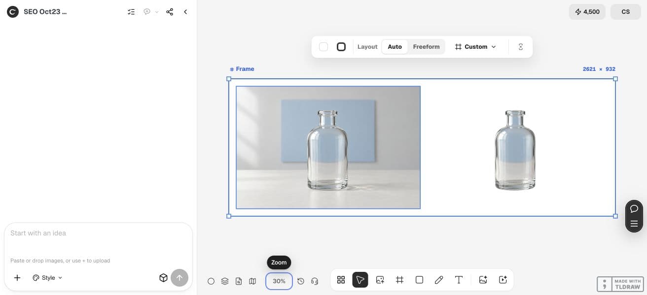 The original synthetic glass bottle and its actual raster cutout sit side by side in Ciyo.