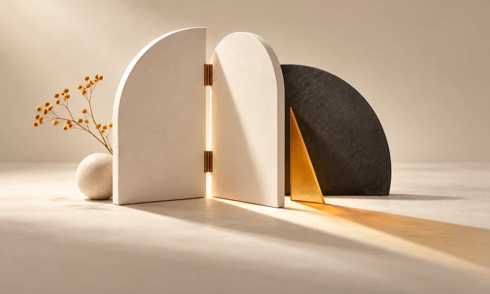 A graphite doorway with an ivory panel and a small amber disc resting beside it