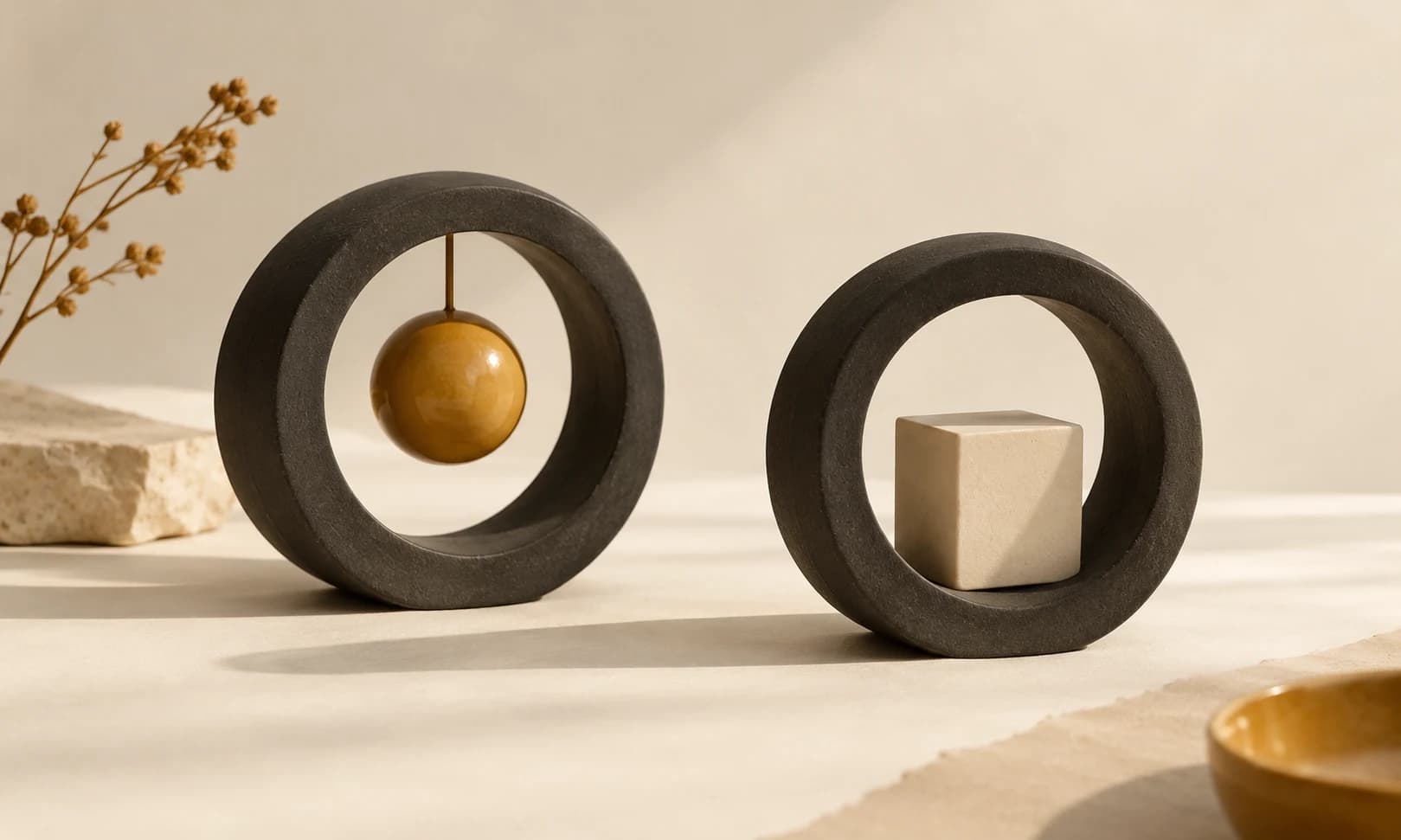 Two charcoal rings holding an amber sphere and an ivory cube