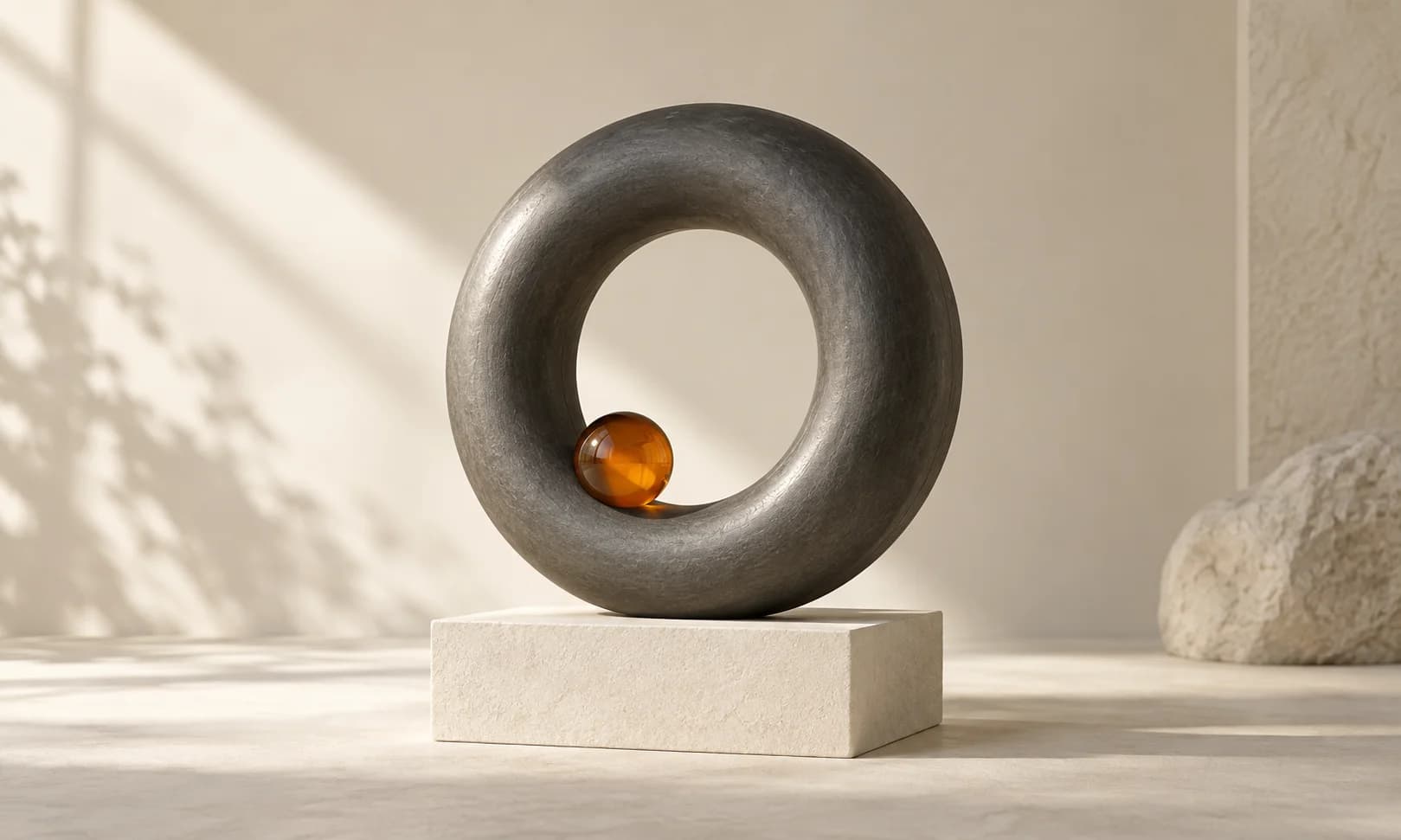 A continuous graphite torus resting vertically on an ivory plinth, a single small amber sphere touching its inner edge, calm cyclical sculptural composition