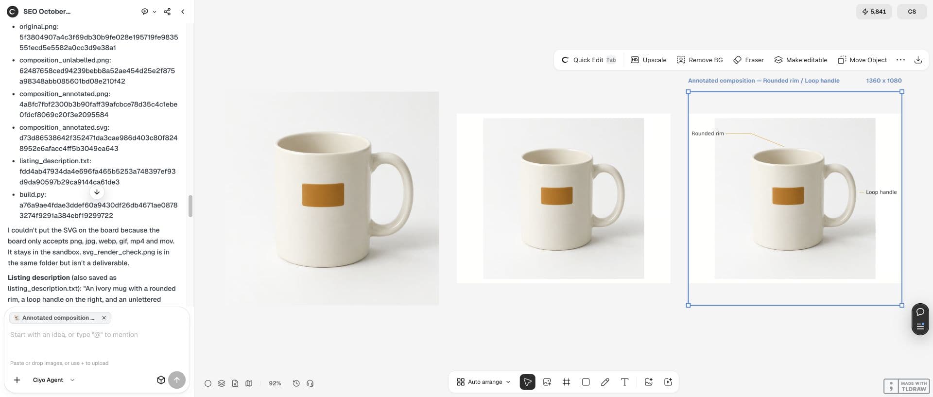 Full Ciyo canvas: The annotated export is selected, with Rounded rim and Loop handle outside the item. The downloadable file preserves the full 1360×1080 layout.