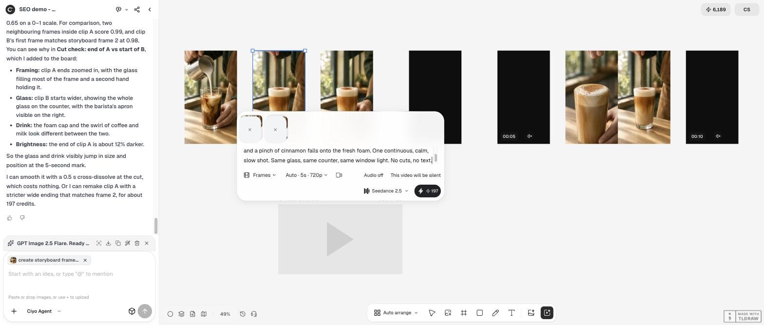 The Ciyo Video Generator in Frames mode with a start frame and an end frame chosen from the board, Seedance 2.5 selected and audio off