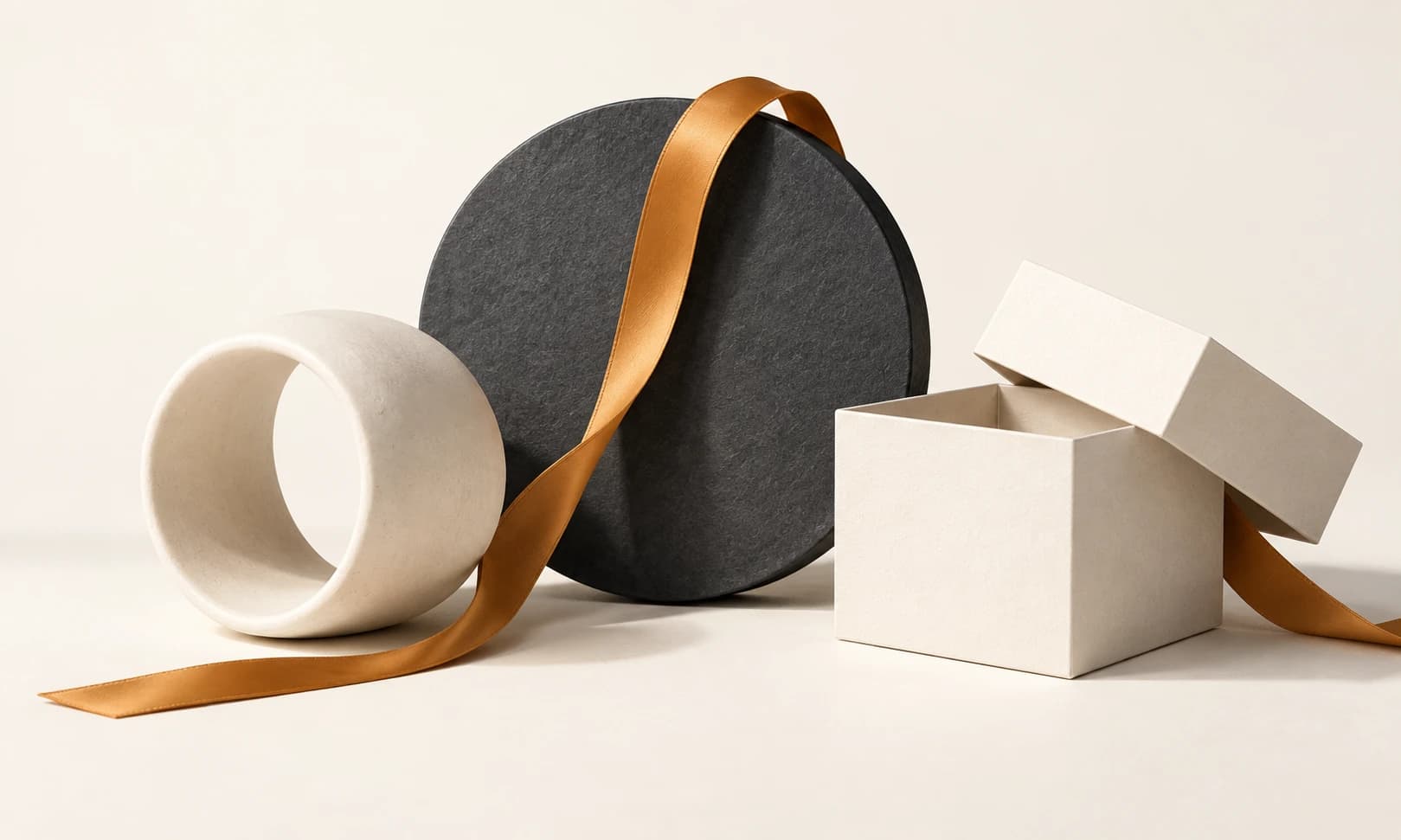 An ivory ring, charcoal disc and open paper box grouped with an amber ribbon