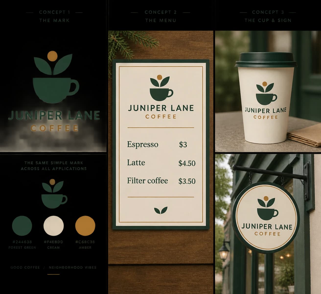 Fictional Juniper Lane concept board with menu, cup and sign