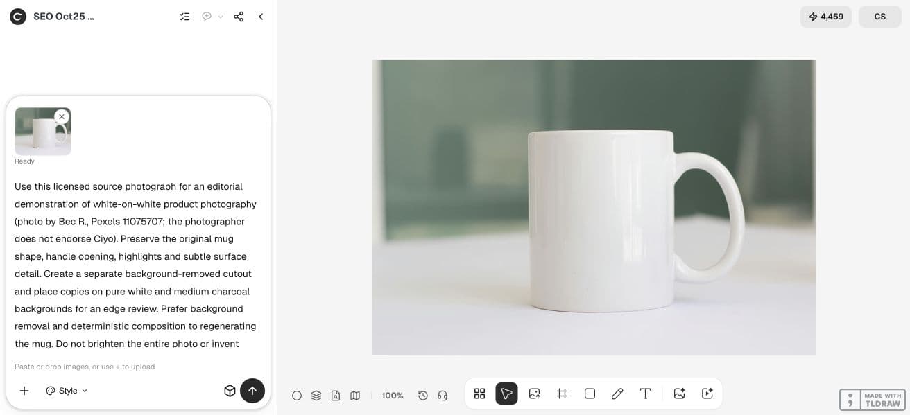Ciyo canvas with the original white mug photograph and an edge-review brief