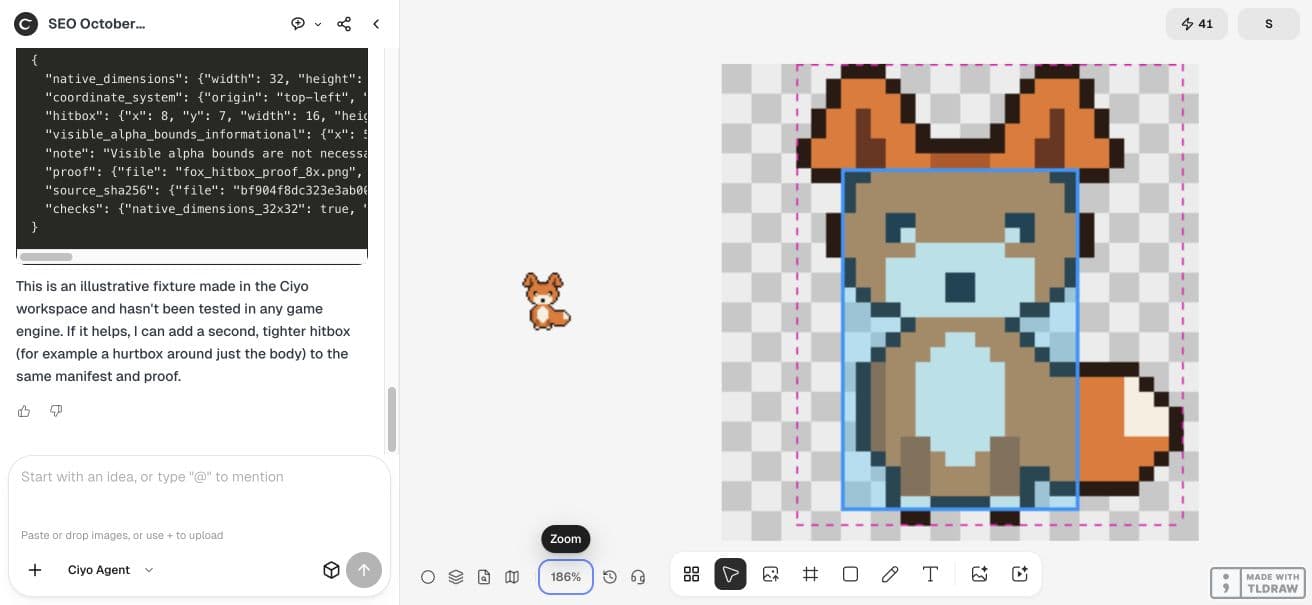 Full Ciyo canvas showing the native fox and its hitbox overlay