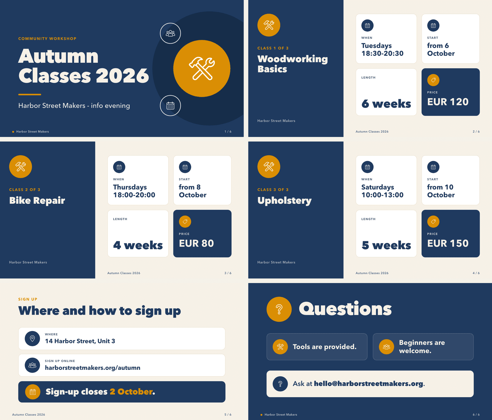 Six slides from Opus 5.5 in navy and off-white: a title slide with icon circles, three class slides with card grids, a sign-up slide with the deadline in amber and a questions slide