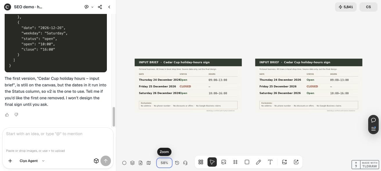 Full Ciyo viewport with the original hours brief and corrected v2 table