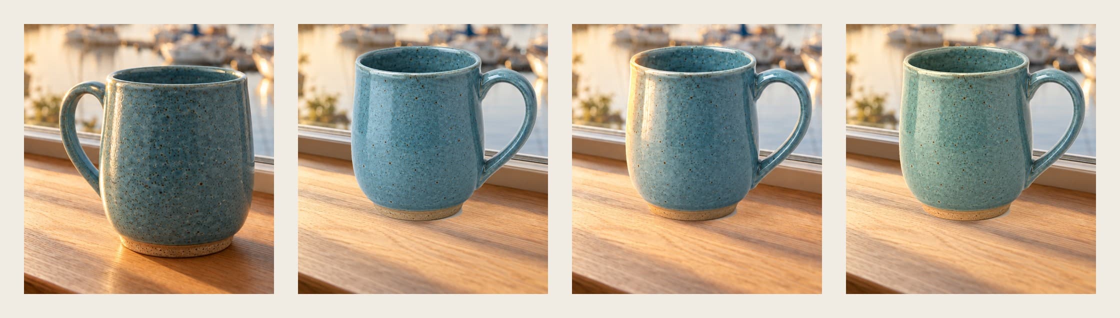 Four close-ups of a blue speckled mug on an oak windowsill: a straighter regenerated mug, the exact pasted mug, an edited mug with new speckles, and the exact mug with a warm grade