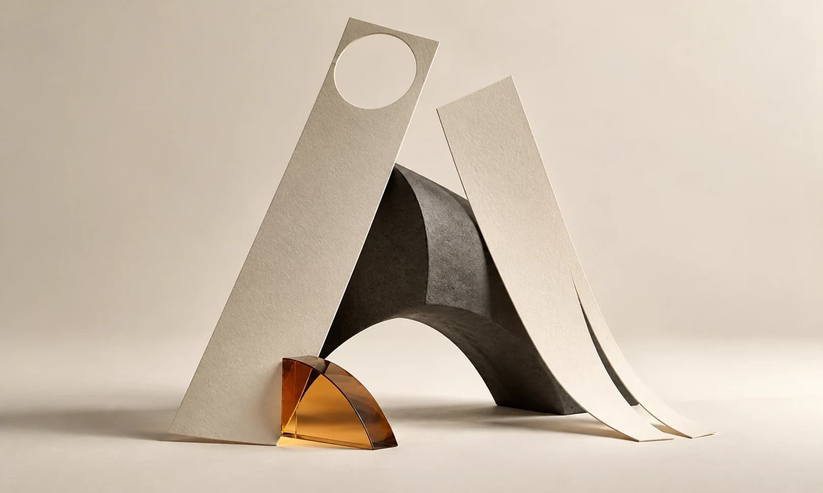 Two ivory planes form a narrow sculptural object with a cutout, supported by charcoal and amber.
