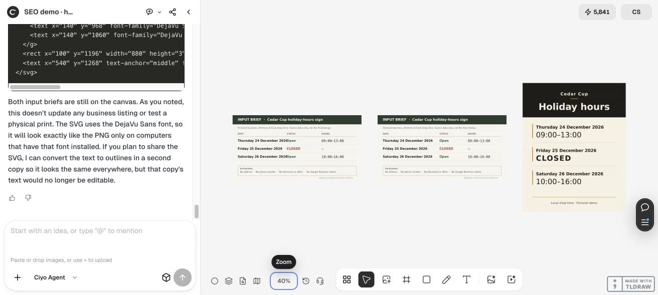 Full Ciyo canvas with two input briefs and the final portrait holiday-hours sign