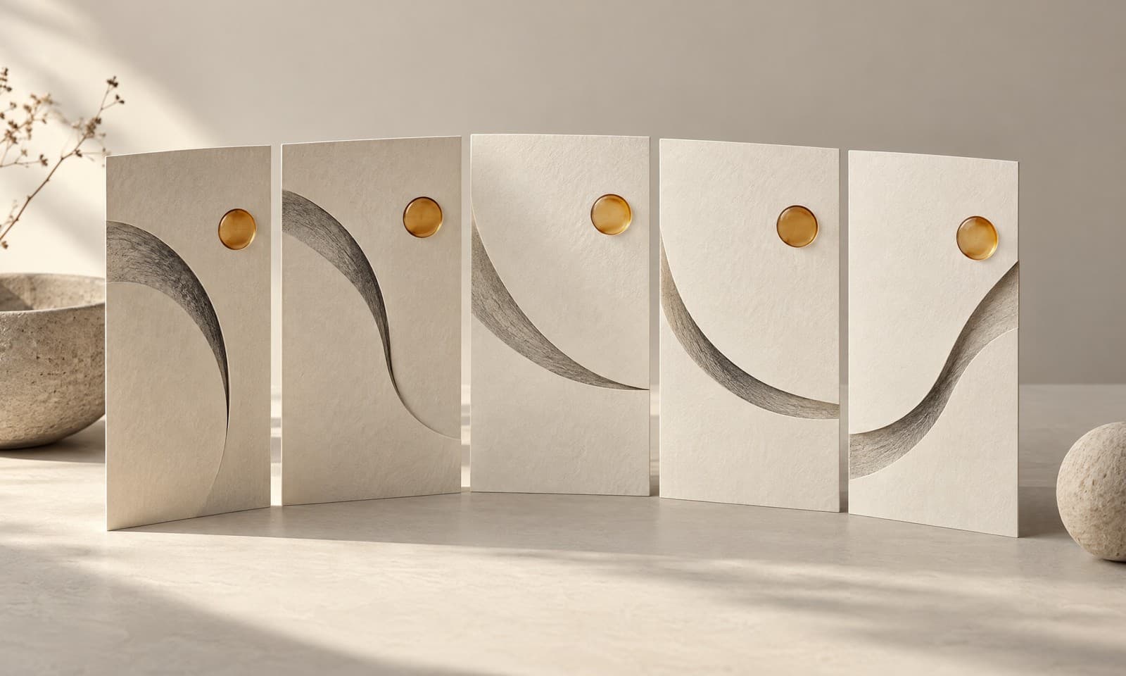 Five ivory paper panels standing in an arc, each with the same charcoal brushstroke curve and the same small amber circle