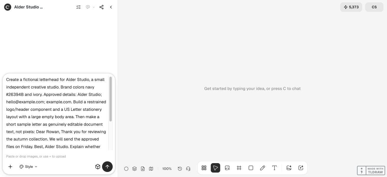 Full Ciyo viewport with the fictional Alder Studio letterhead input brief