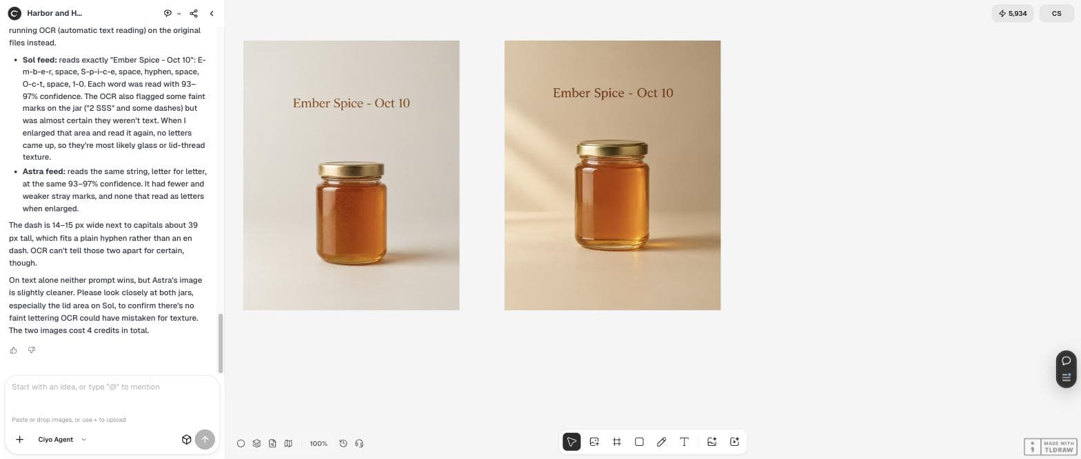 لوحة Ciyo مع صورتين بنسبة 4:5 لبرطمان عسل مكتوب عليهما Ember Spice - Oct 10، ولوحة الوكيل تبلغ أن الاثنتين قُرئتا بالضبط بثقة من 93 إلى 97 بالمئة