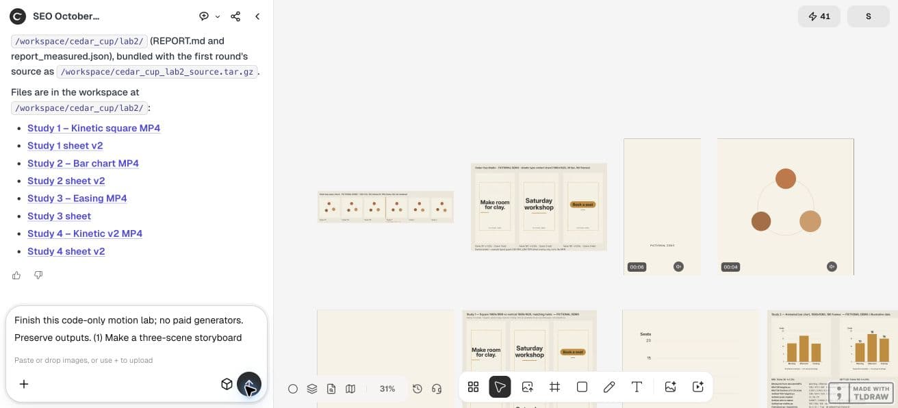 Full Ciyo product viewport with the fictional Cedar Cup Studio motion brief in the agent conversation