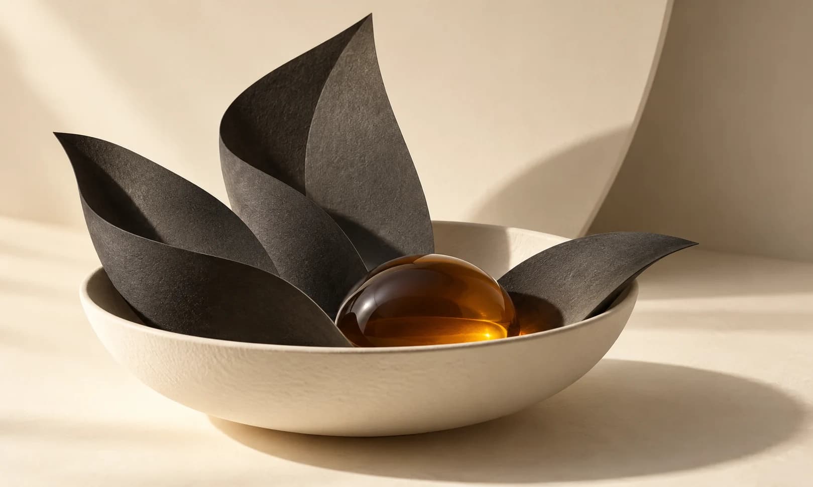 Abstract ivory bowl forms and a restrained amber accent on textured paper