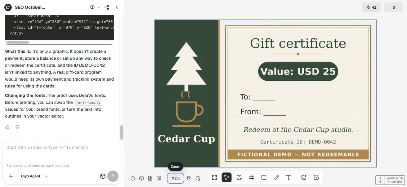 Full Ciyo canvas showing the fictional Cedar Cup gift certificate proof