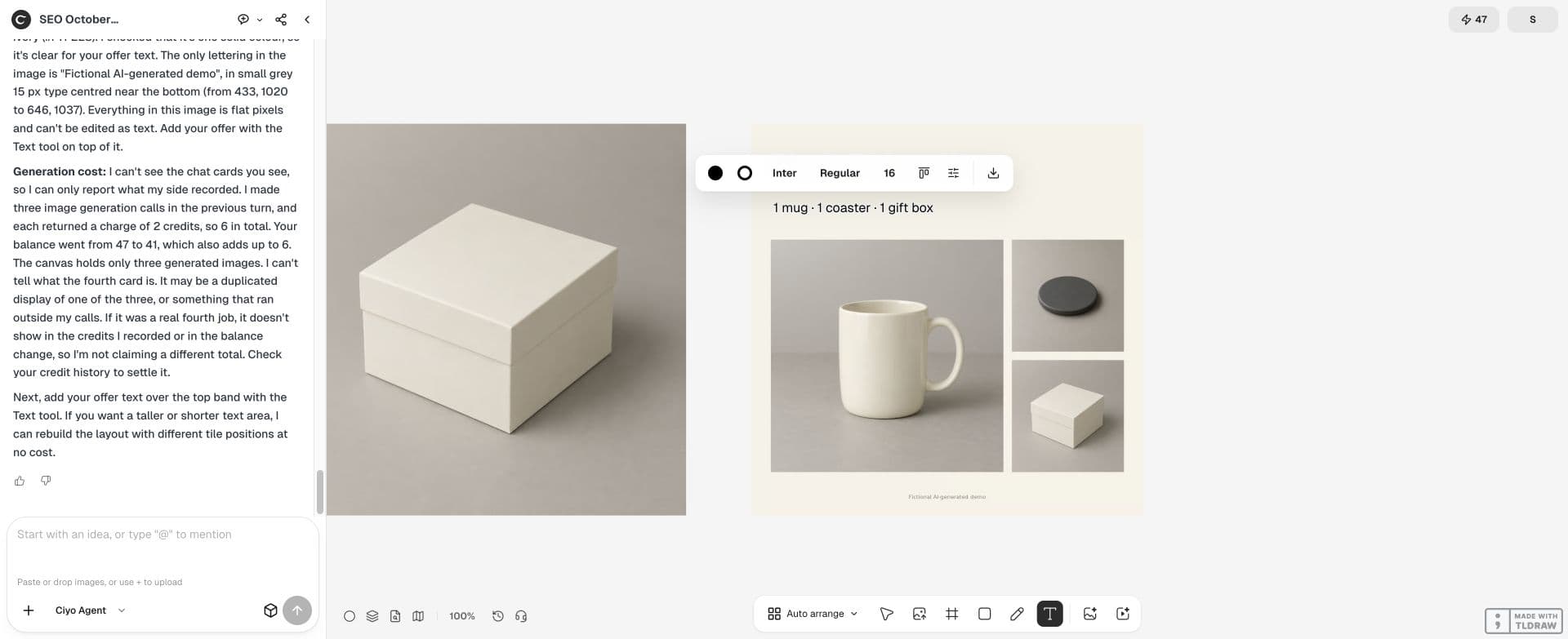 Full Ciyo canvas: The file workspace builds the photographic tiles; the headline and inventory line are added manually with Ciyo’s Text tool. They are native editable text, separate from the flat image.