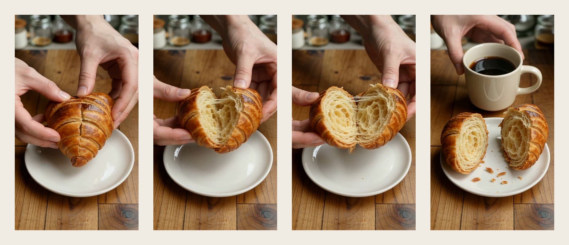 Four frames of the bakery clip: hands starting to split a croissant, the halves pulled apart with stretching strands, flakes on the plate, and a coffee cup set down